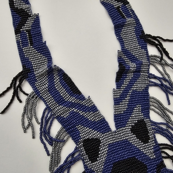 NEW Blue Gray Black Multi Boho Seed Beaded Fringe Statement Necklace - Picture 10 of 10